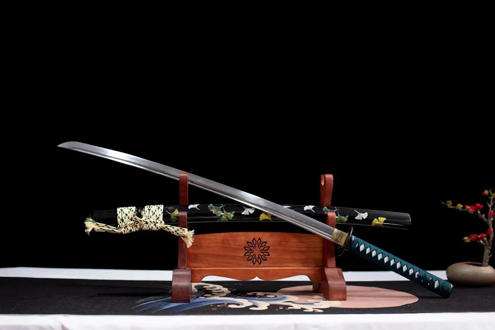 45‑angle open full‑size ginkgo‑leaf ornamental katana two‑layer wooden stand front view