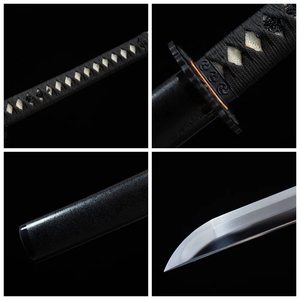 Four grid collage black iron tsuba, tsuka, blade tip & ebony saya