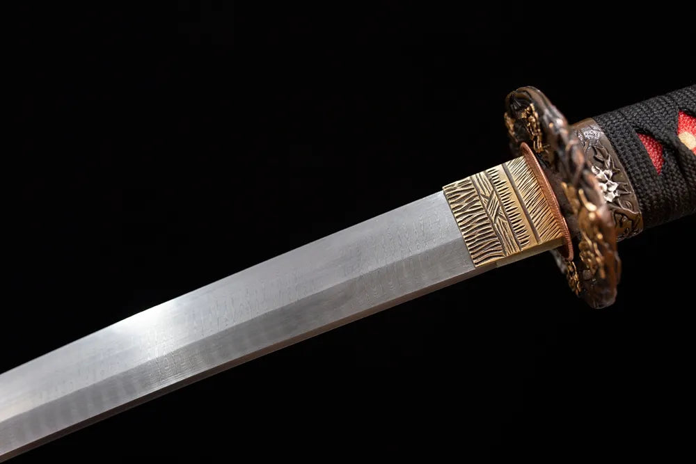 Upper damascus fold‑forged oil‑quenched katana blade brass habaki natural‑fold flowing‑layer hamon temper‑line macro close‑up