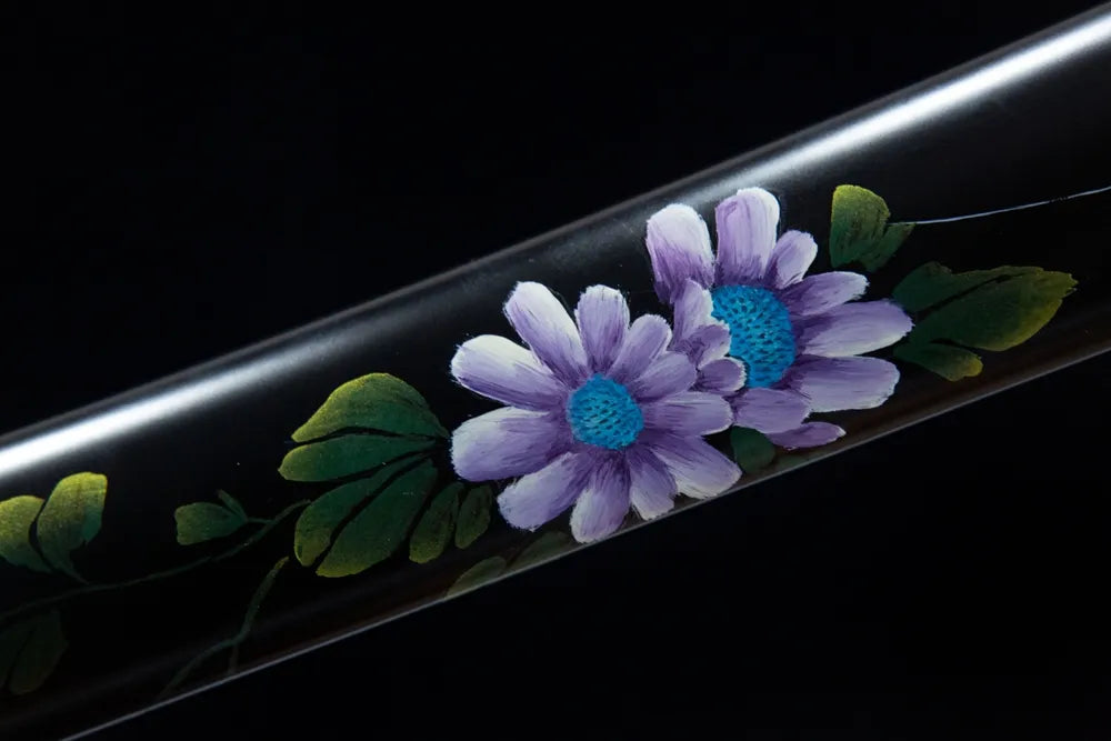 Golden Mantis Katana | Folded Damascus Steel Blade Golden Mantis Hollow Floral Brass Fittings Black Hand Painted Chrysanthemum Saya Ox Horn Mouth Disassemblable Premium Collectible Katana
