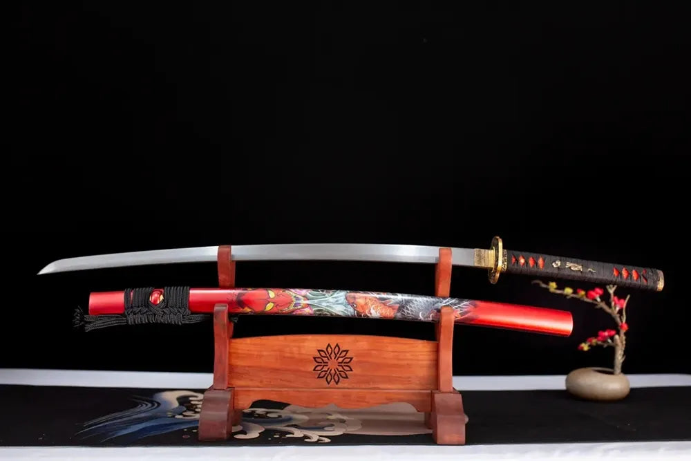 Flat fully‑drawn T10 clay‑tempered billowing‑cloud‑surge‑hamon Prajna‑Katana blade wooden rack front shot