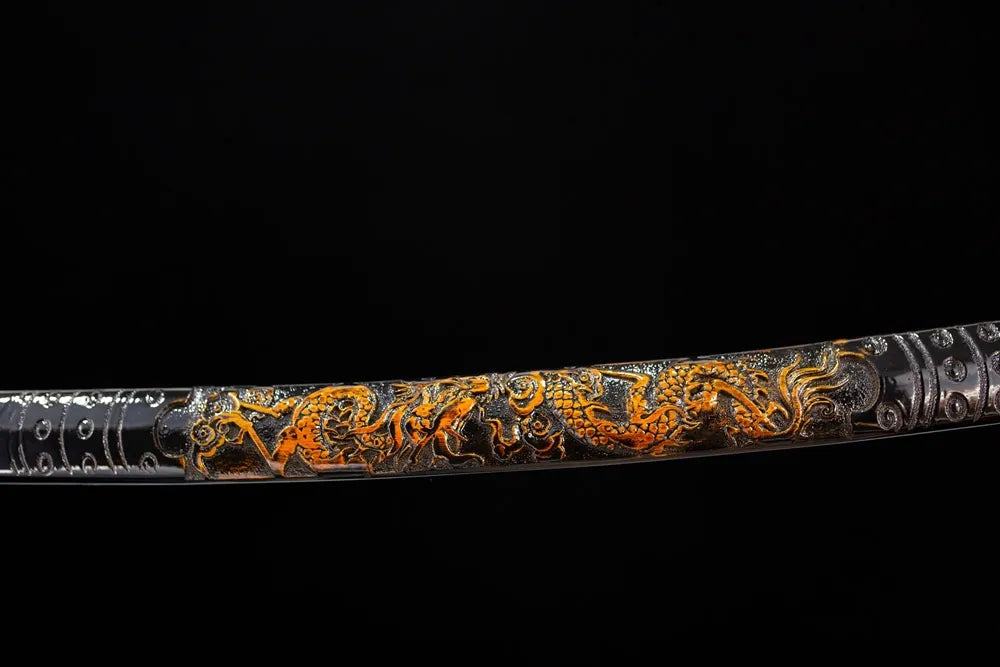 Mid‑section jet‑black lacquer hardwood katana saya gilded nine‑heaven‑dragon‑cloud‑wave maki‑e graphic texture close‑up