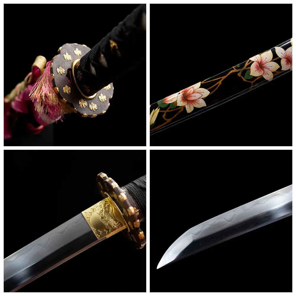 Four grid collage snowflake tsuba, tsuka, vine flower saya & blade tip close-ups