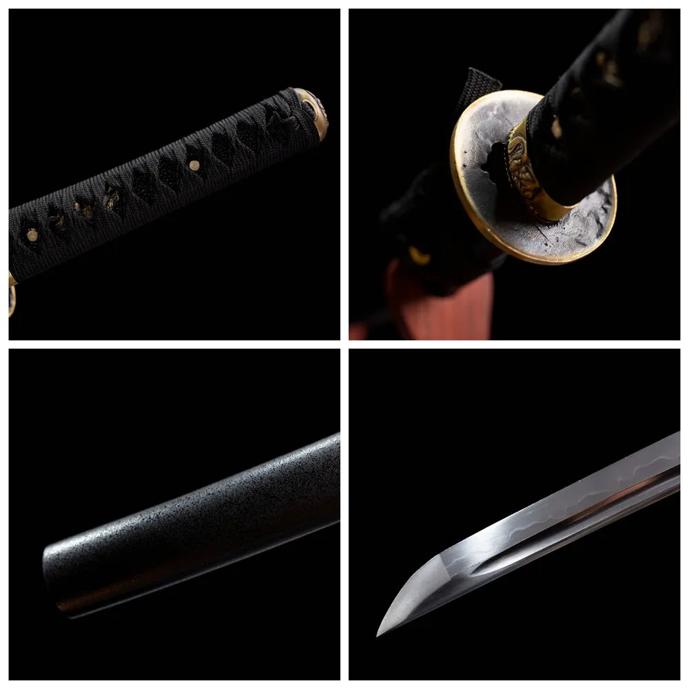 Four‑grid collage demon‑mask brass tsuba, black tsuka, textured black saya, hamon blade close‑up details