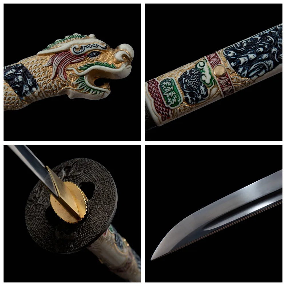 4-grid collage Highlander matte iron tsuba dark tsuka gunome blade dark matte wood saya