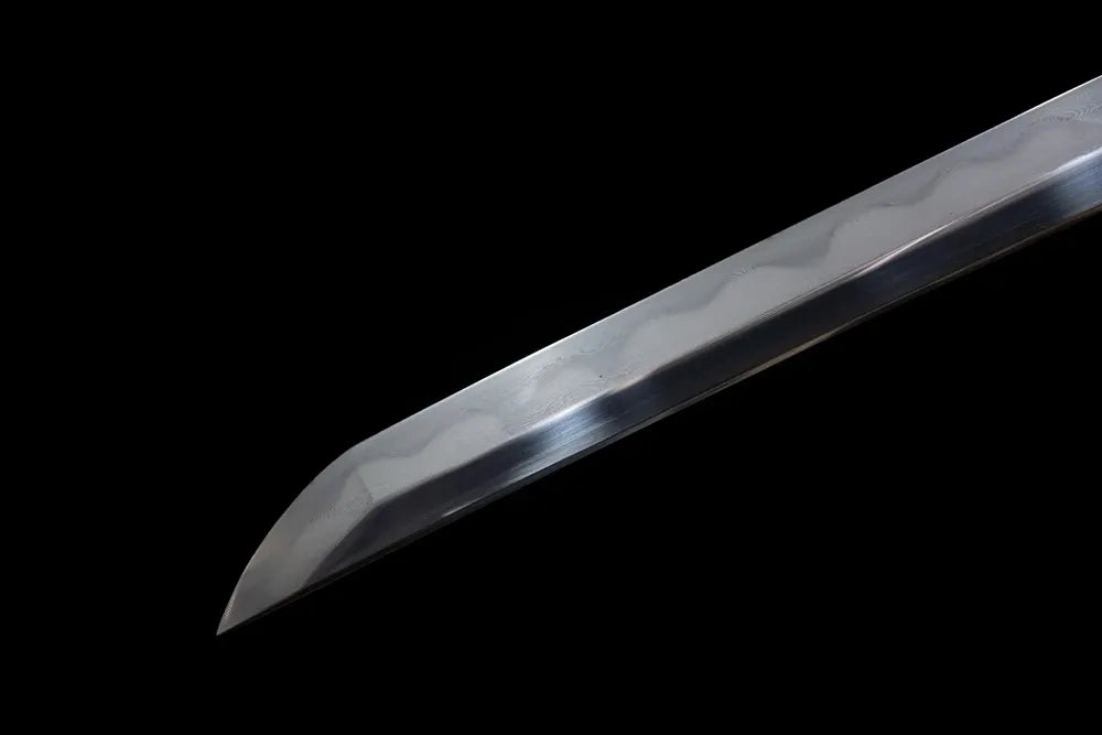 Classic functional katana‑style kissaki tip of Half‑Makeup long katana blade close‑up view