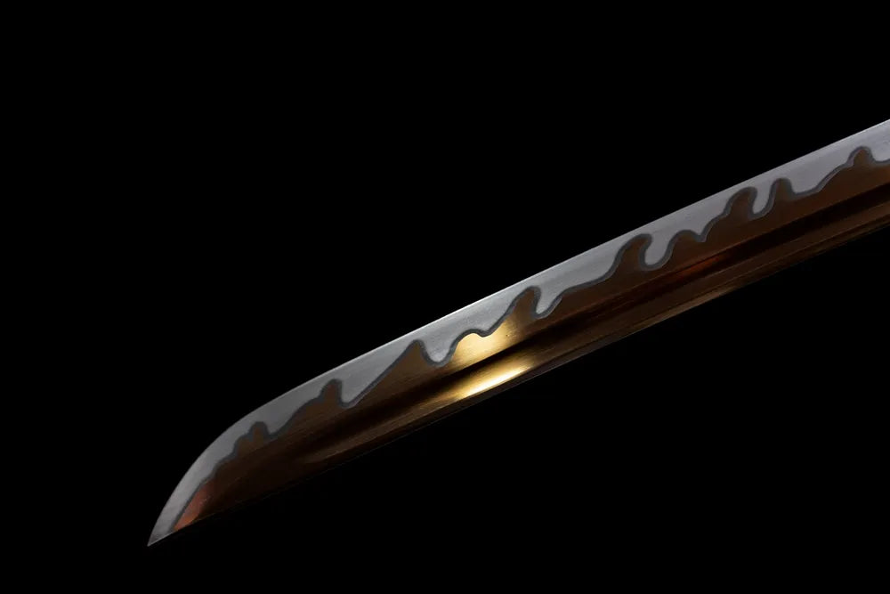 Extended sharp tachi‑style kissaki tip of Dragon‑Blade‑Tachi blade close‑up view