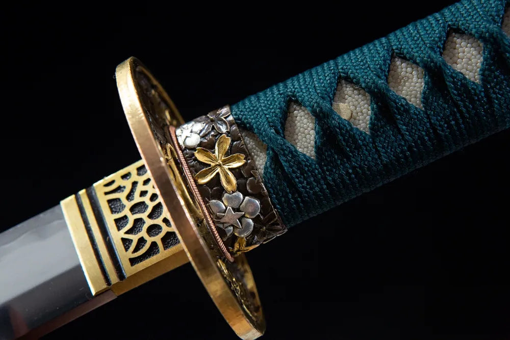 Fuchi collar closeup hollow sakura gilded brass ring fitting