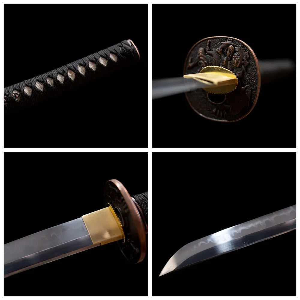 Four‑grid collage plain matte‑black alloy tsuba, black cotton ito tsuka, glossy solid‑black hardwood saya, natural irregular T10 hamon blade close‑up details