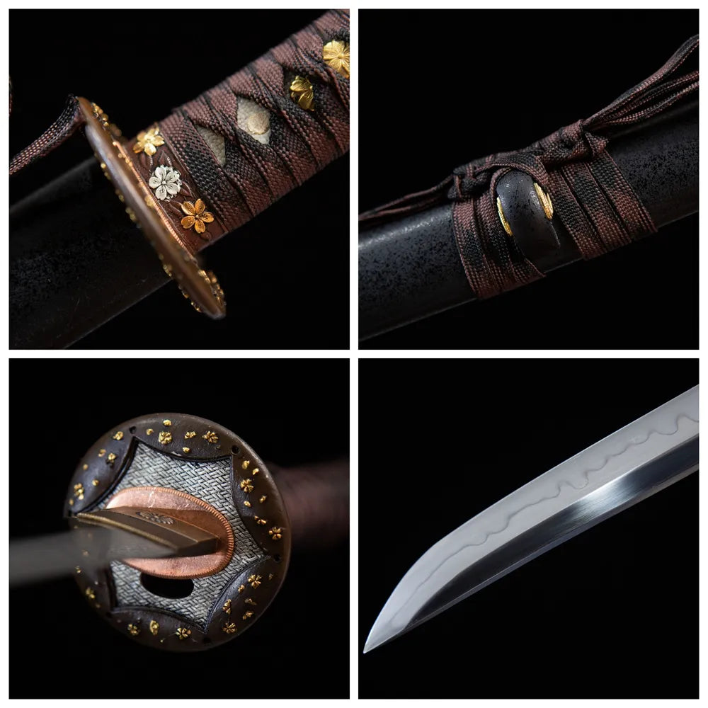 Four grid collage mini tsuba, short tsuka & blade details