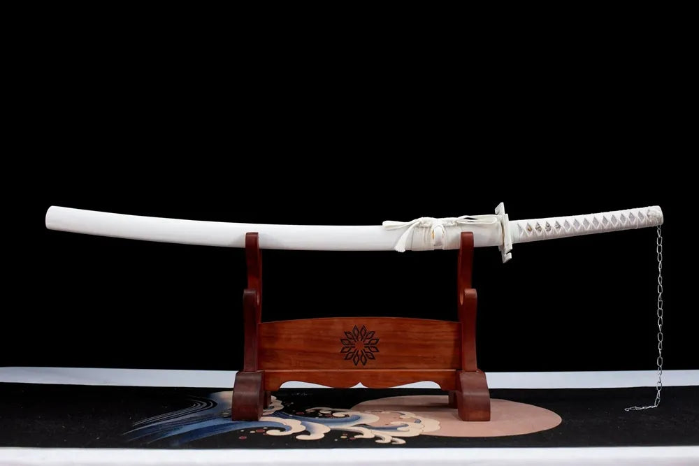 Horizontal laid closed white Tensa Zangetsu scabbard complete sword front view