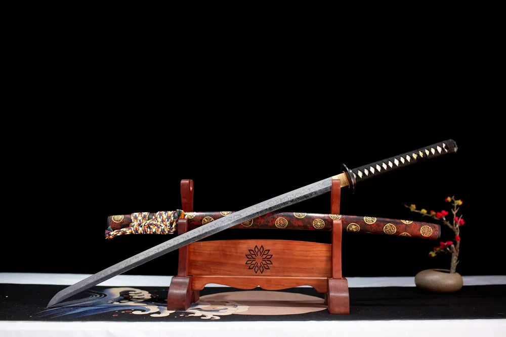Slanted upright drawn Drawing‑Katana oriental ink‑painting‑art katana wooden shelf front perspective