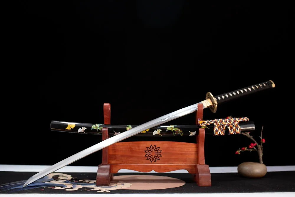 Slanted upright drawn Meteor‑Shower‑Katana cosmic‑astronomical‑myth katana wooden shelf front perspective