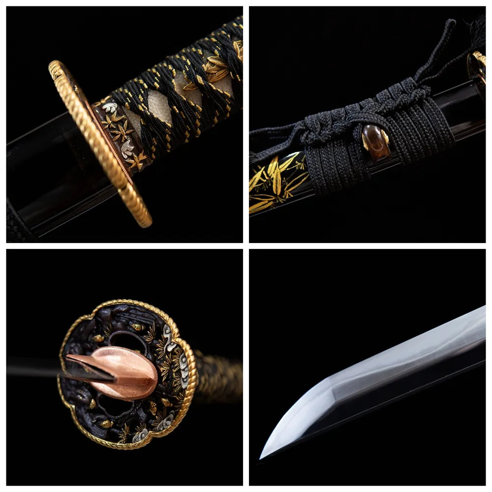 Four grid collage bamboo tsuba, tsuka, sage & blade tip close-ups