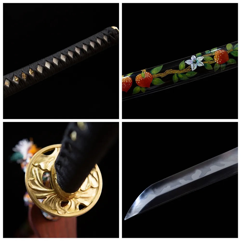 Four grid collage gold tsuba, tsuka, pomegranate sheath & blade tip