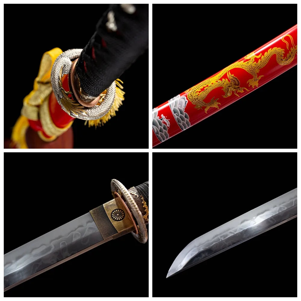 Four grid collage silver dragon tsuba, damascus blade tip, red saya golden print, tsuka close-ups