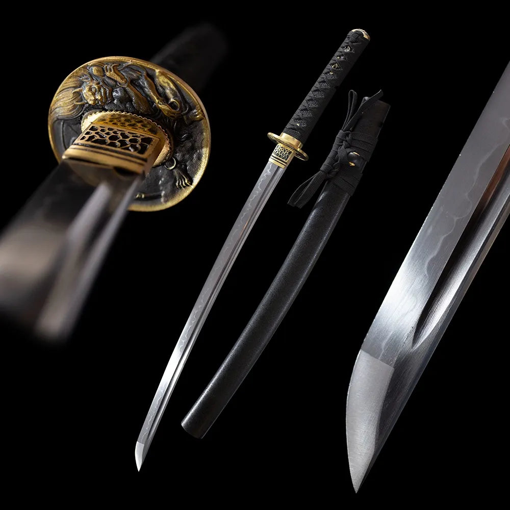 Diamond wakizashi short samurai sword drawn clay‑tempered hamon blade textured black saya full black‑background studio shot