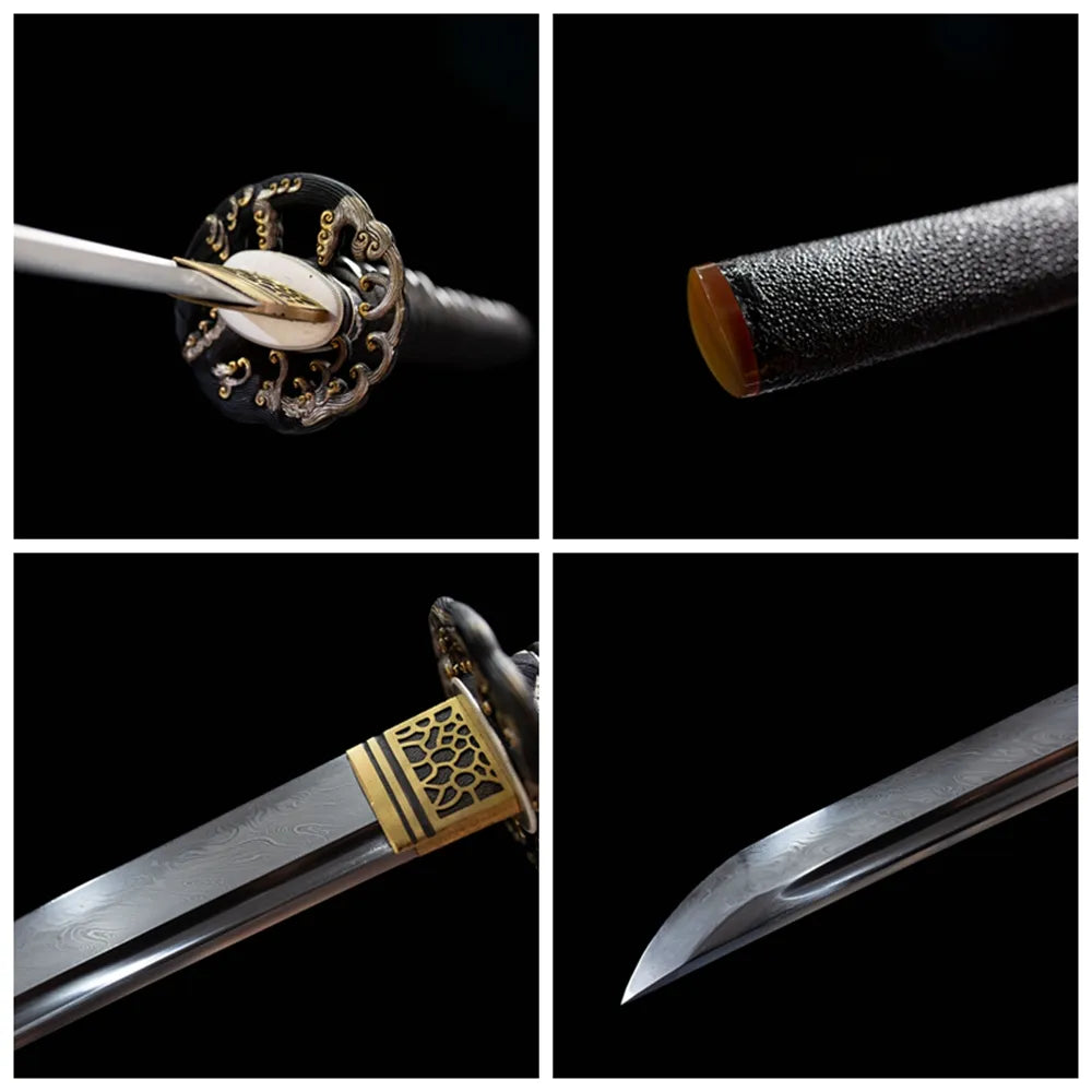 Four grid collage wave tsuba, tsuka, blade tip & saya close-up details