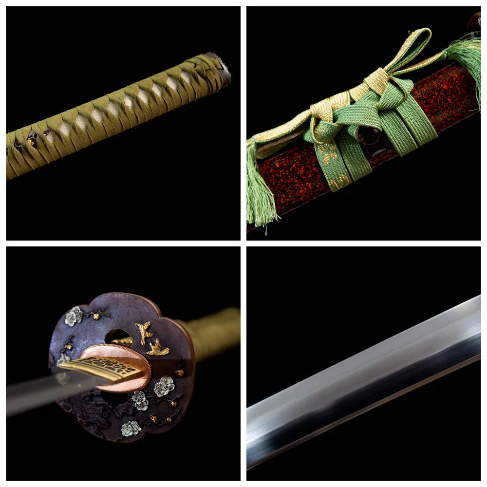 Four grid collage wind tsuba, tsuka, sage & blade close-ups