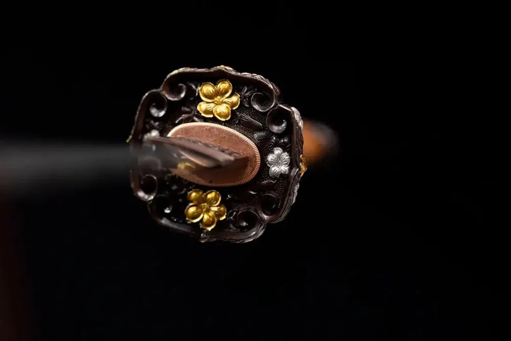 Front ornate flower‑mon carved gold‑silver‑plated copper sengoku‑tachi hand‑guard close‑up