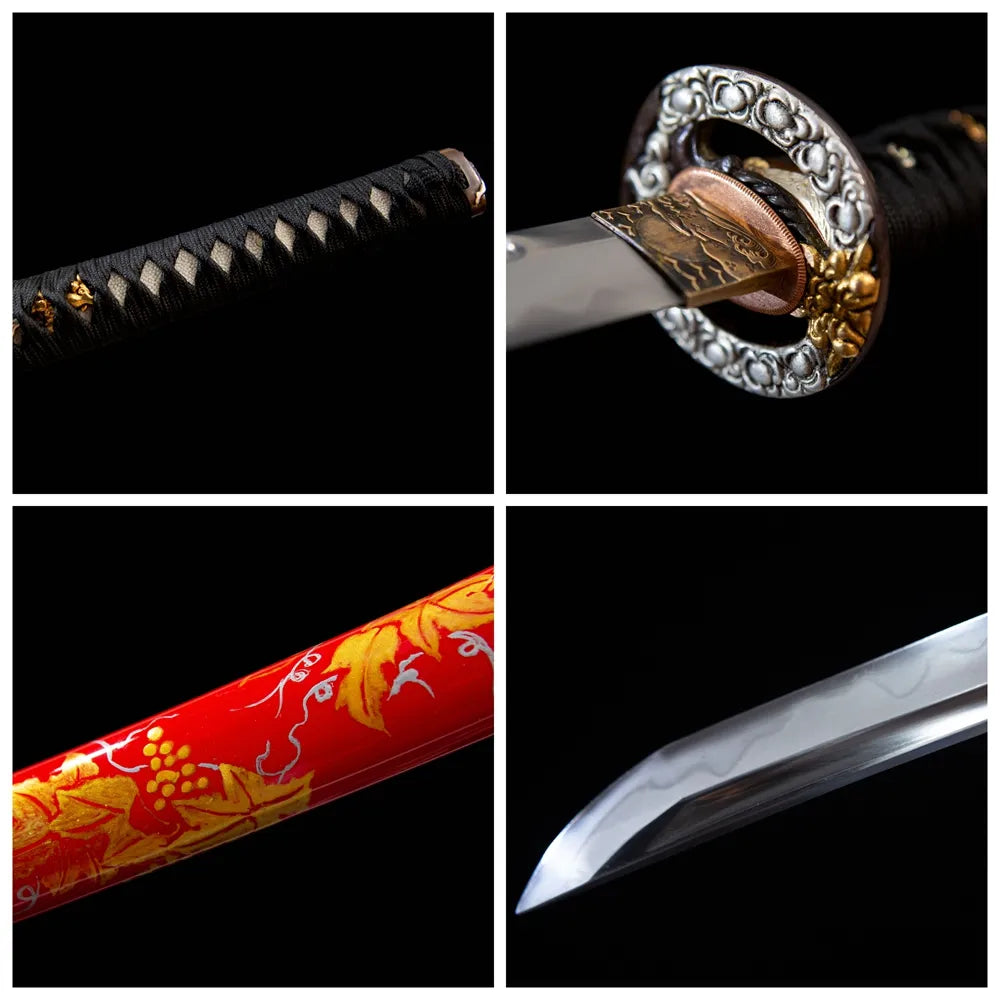Four grid collage maple tsuba, tsuka, sage & blade tip close-ups