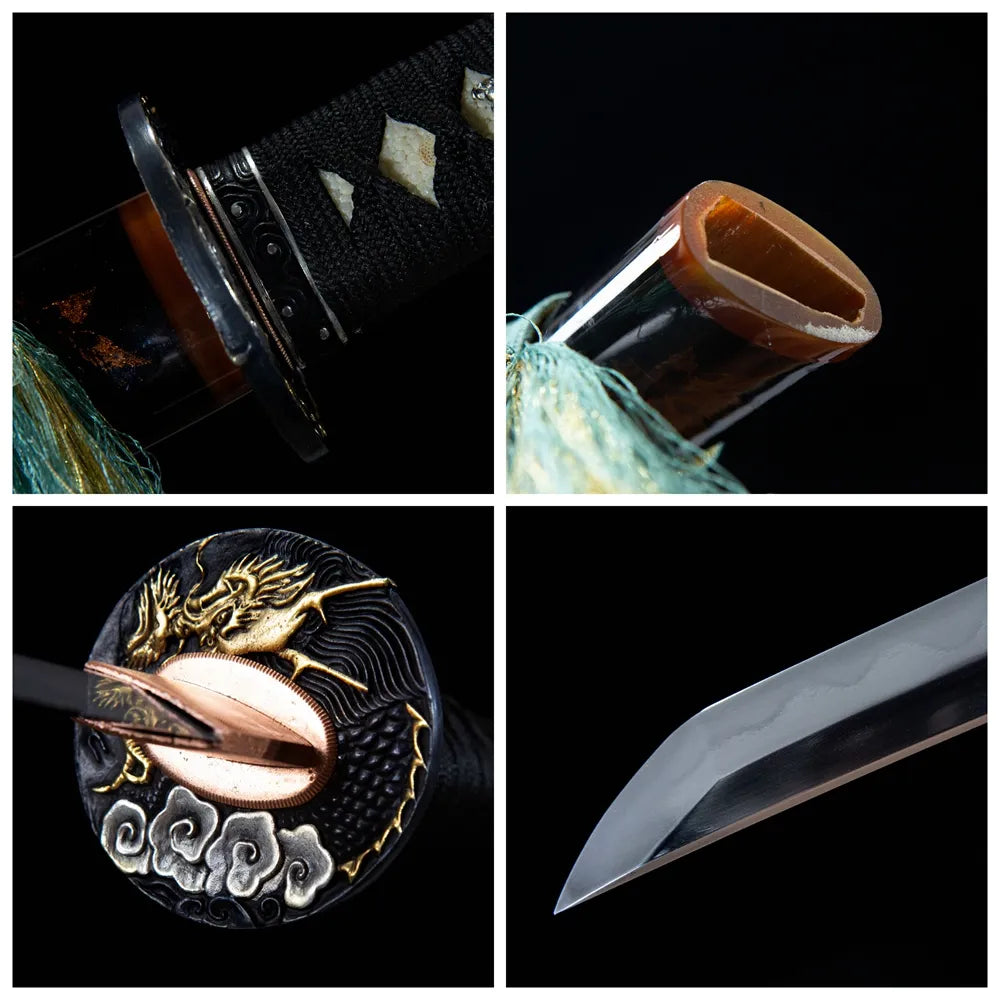 4-grid collage double 3D gilded dragon tsuba ray skin tsuka gunome blade red crack ox horn saya