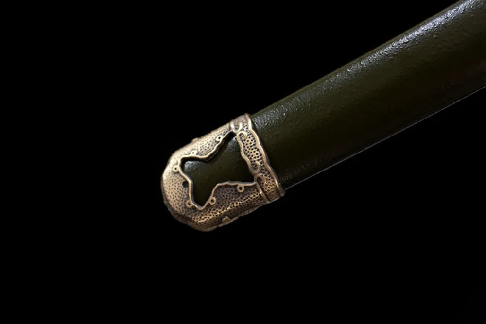 Bottom military‑green saya aged‑brass kojiri end‑cap close‑up