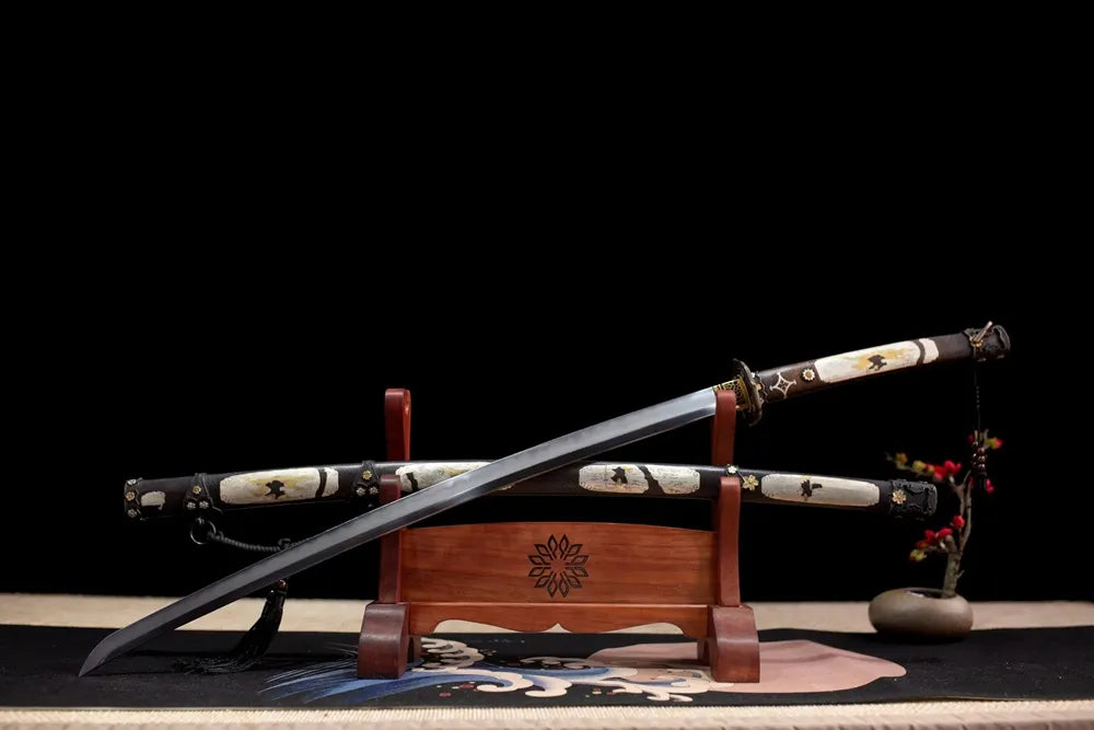 Slanted upright drawn Mansion‑Tachi noble‑crest themed tachi wooden shelf front perspective