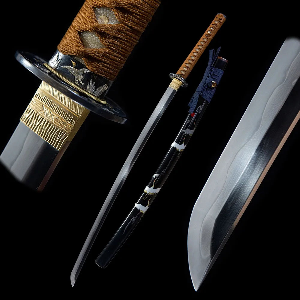 T10 Tsuchioki Notare Hamon Real Yokote Gilt Silver Copper Crane Fittings Full Cow Horn Hand Painted Botanical Saya Disassemblable Collectible Katana