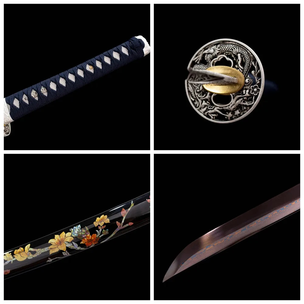Four‑grid collage dragon‑plum‑blossom hollow alloy tsuba, navy‑blue ito tsuka, painted‑plum artwork saya, damascus grain blade close‑up details