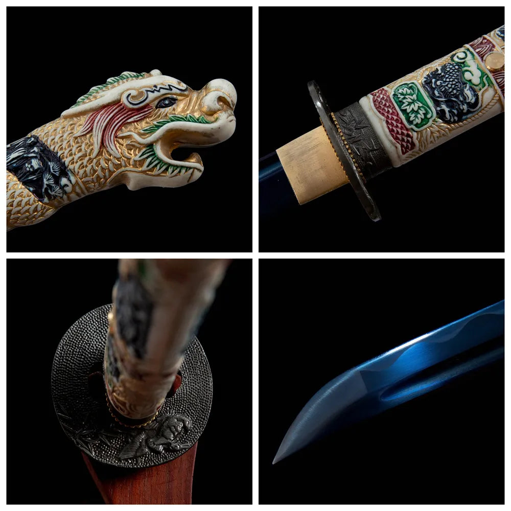 4-grid collage Highlander sculpted dragon tsuka black iron tsuba full blue blade orange lacquer saya