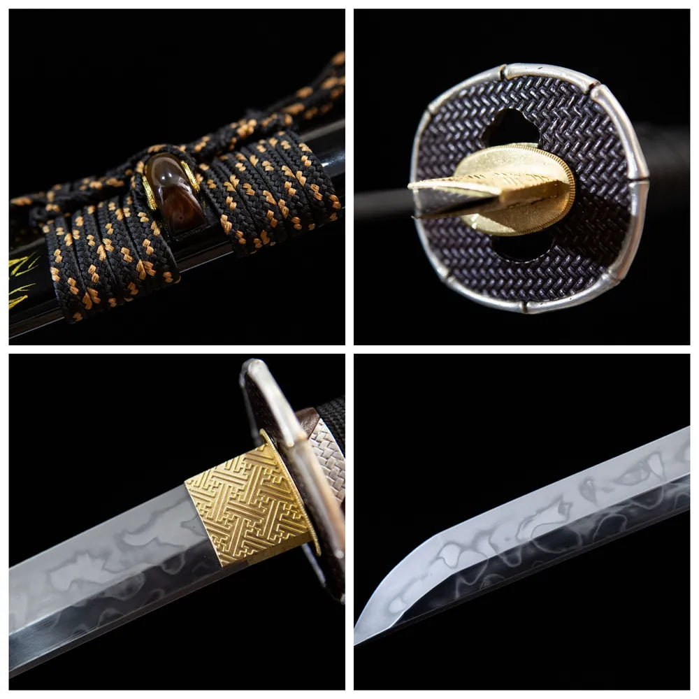 Four grid collage bamboo tsuba, tsuka, habaki & sage close-ups