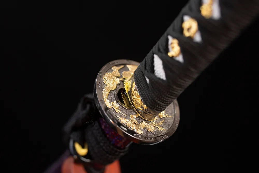 Reverse‑side mini plum‑blossom‑scroll carving gilded‑alloy tsuba surface texture close‑up‑short wakizashi