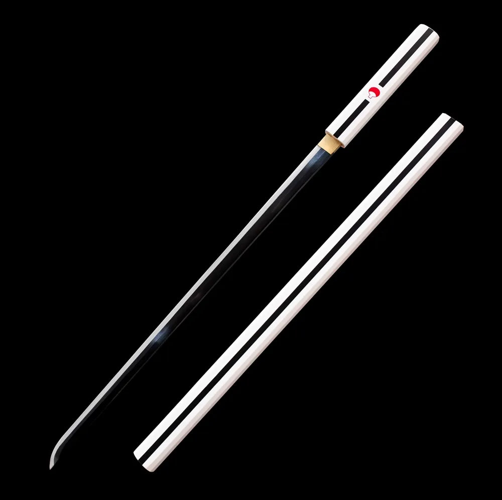 White Uchiha Sasuke grass sword full black background display, blade & white clan scabbard