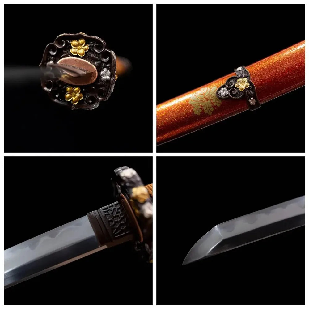 Four‑grid collage gold‑silver mixed copper tsuba, orange‑brown tsuka, orange mon‑emblem saya, gunome hamon blade close‑up details