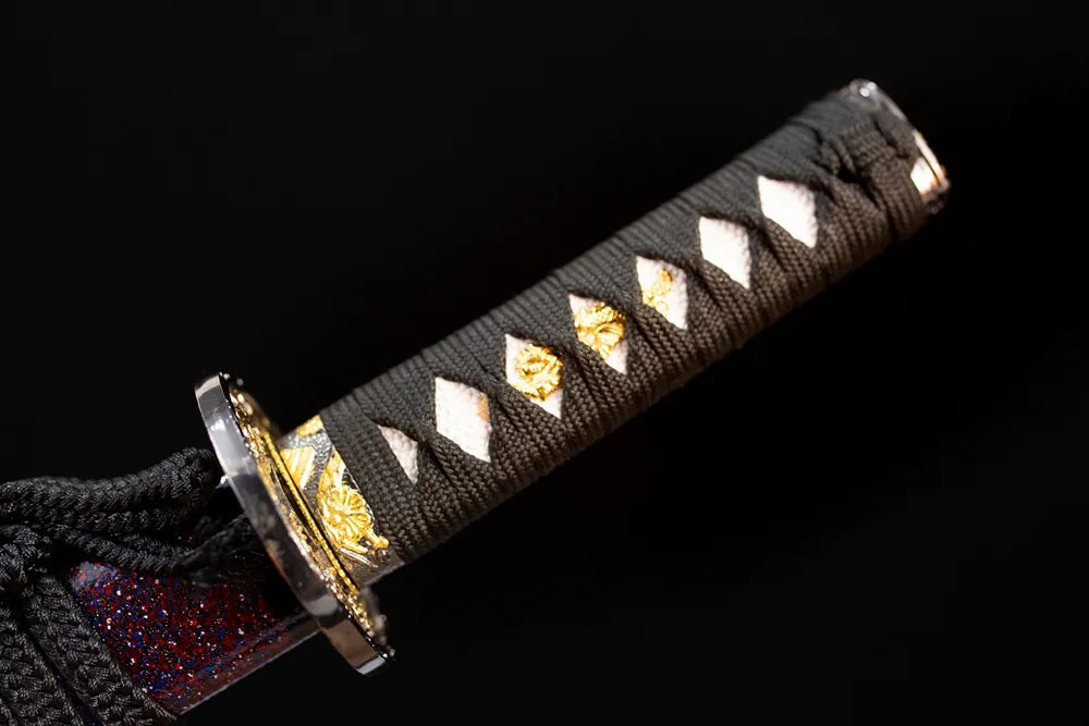 Full short‑size black woven cotton ito tsuka matching gilded‑alloy plum‑blossom‑scroll‑relief fittings complete front shot‑short wakizashi