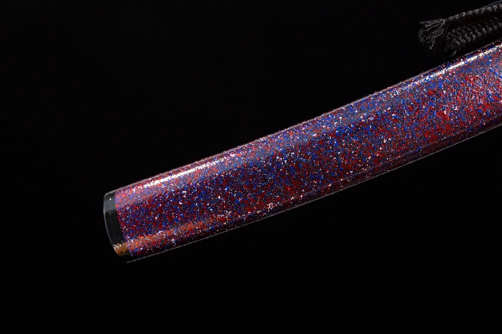 Bottom mini purple‑glitter‑phantasm saya gilded‑alloy kojiri end‑cap close‑up‑short wakizashi