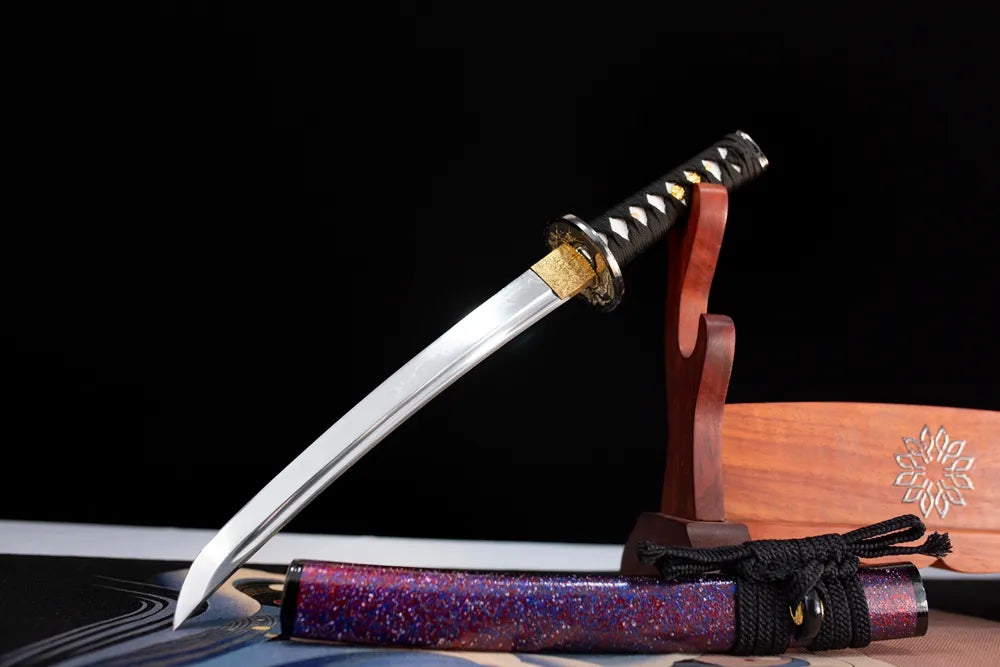 45‑angle open full‑size Moyuan‑Katana‑Set‑S moyuan purple‑glitter‑phantasm wakizashi two‑layer wooden stand front view‑short wakizashi