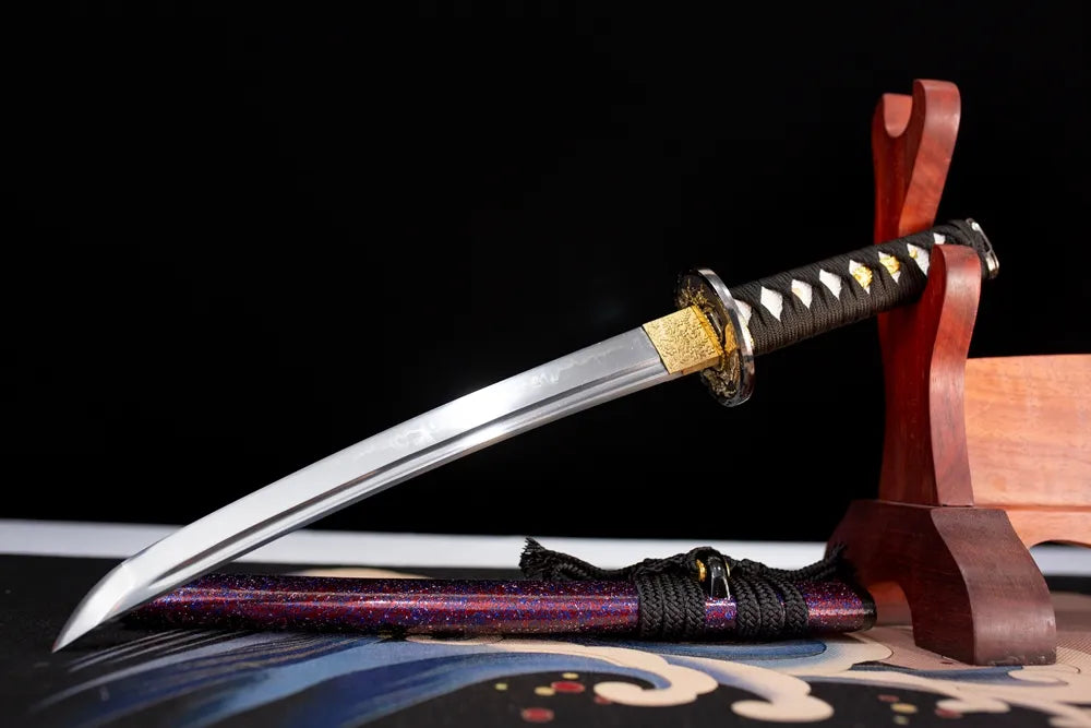 45° front fully sheathed Moyuan‑Katana‑Set‑S dual‑sword‑set‑collector‑art themed wakizashi placed on carved wooden sword display stand