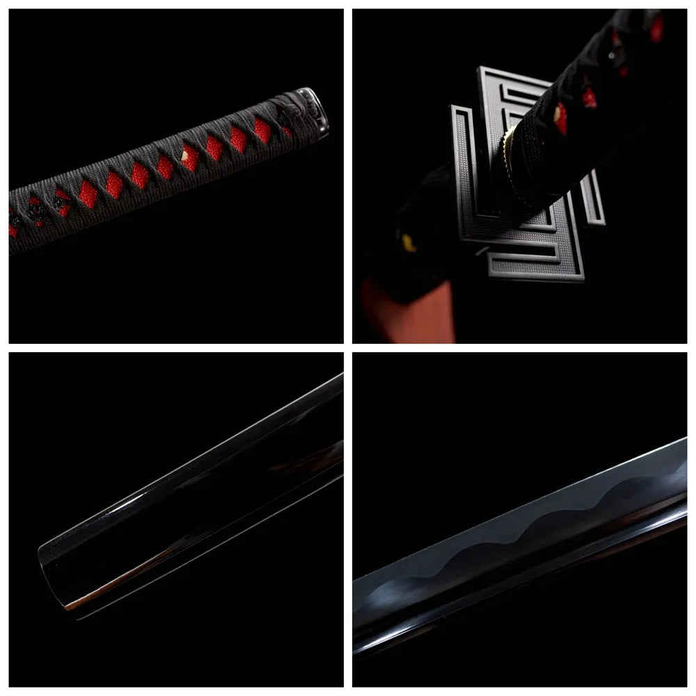 Four‑grid collage black set: tsuka, square tsuba, blade hamon, black saya close‑ups