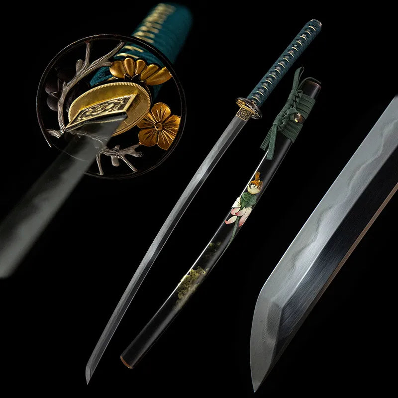 Lotus Heart Katana, Uzi steel samurai sword with hand painted lacquer saya