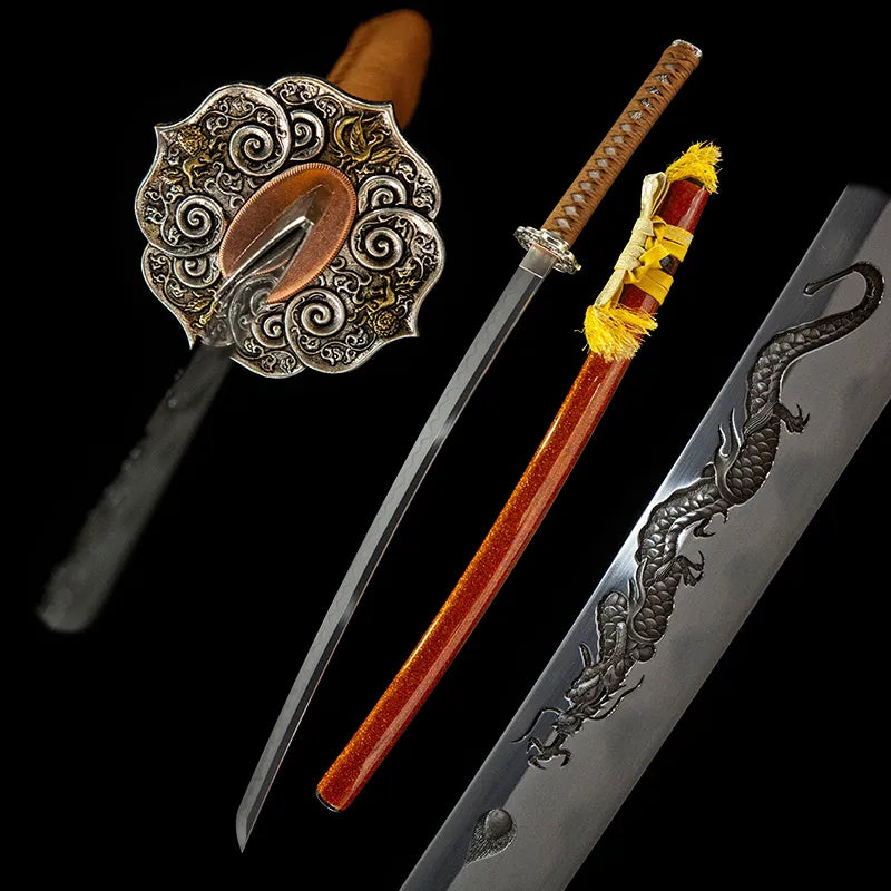 Flaring Fire Katana, luxury T10 steel samurai sword with full ox horn saya fittings