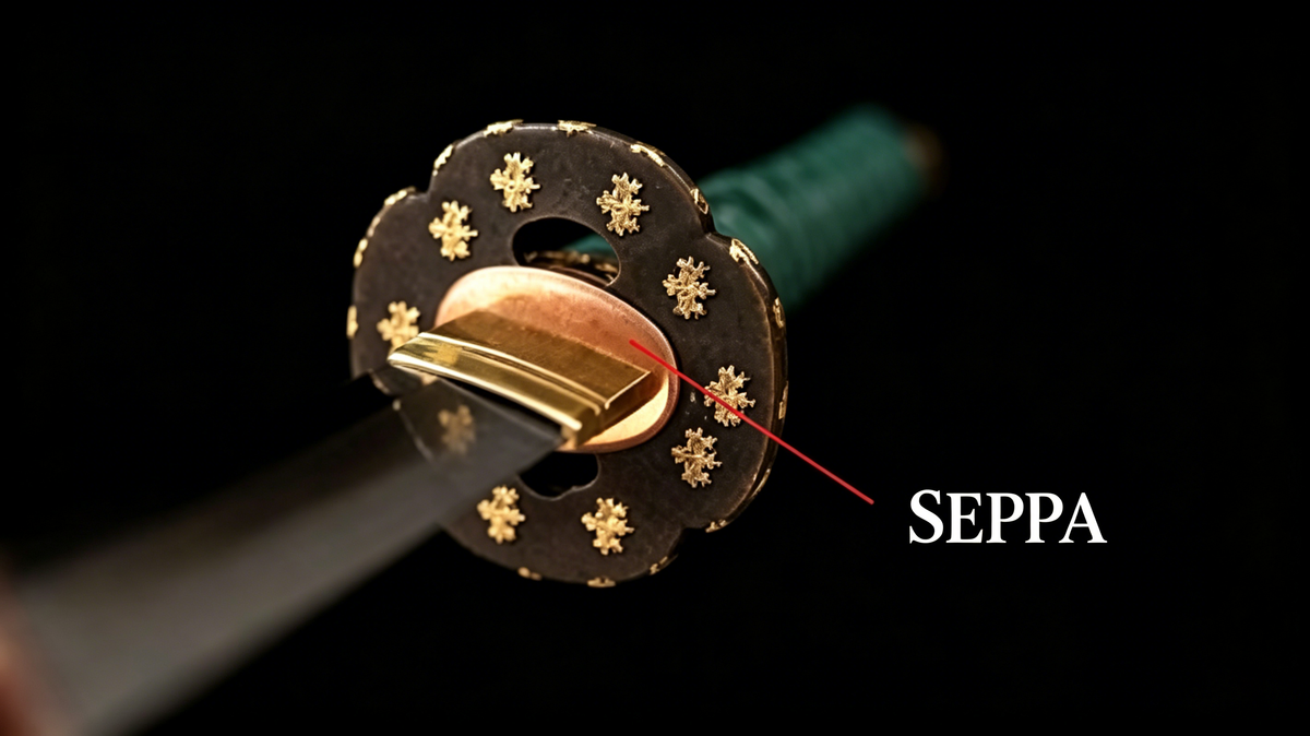 Seppa (spacer washers) on a Japanese katana, detailed view of the metal washers between tsuba and handle