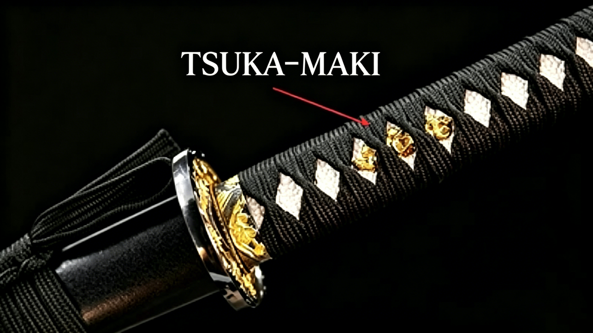 Close‑up shot of katana tsuka‑maki handle wrapping detail, annotated photograph for Japanese sword collection study