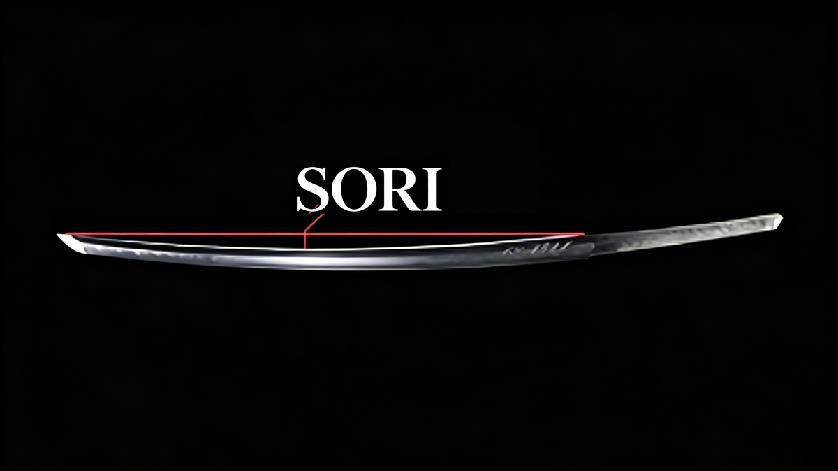 Black‑background studio photograph of katana blade with white measurement markup defining sori, nihonto curvature demonstration