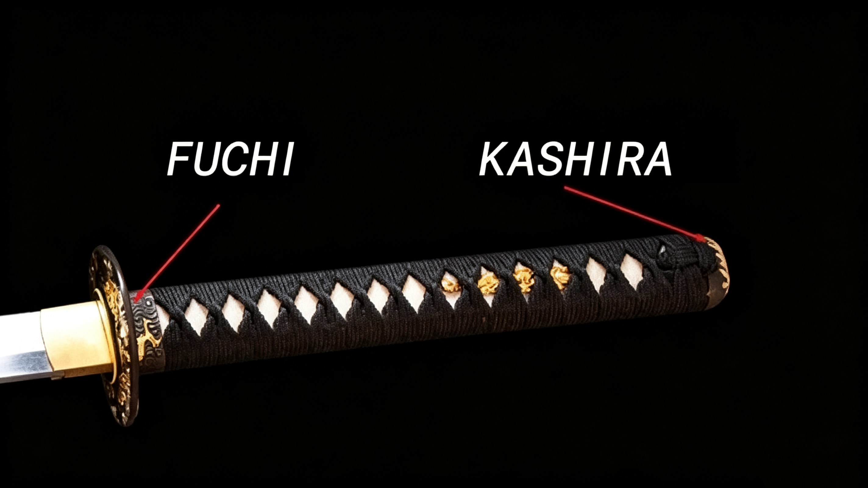 Close‑up studio shot of katana tsuka handle, white label lines marking FUCHI and KASHIRA positions against solid black background