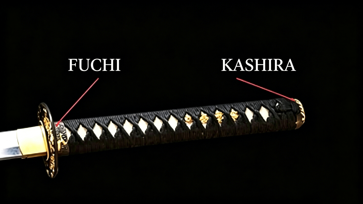Close‑up studio shot of katana tsuka handle, white label lines marking FUCHI and KASHIRA positions against solid black background
