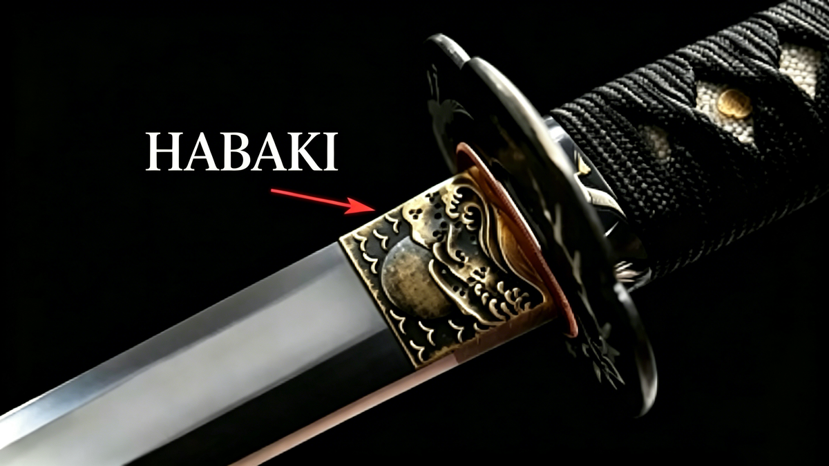 Close‑up studio view of katana habaki metal collar fitted at blade base, showing assembly relation between blade, habaki and tsuba handguard, dark neutral background