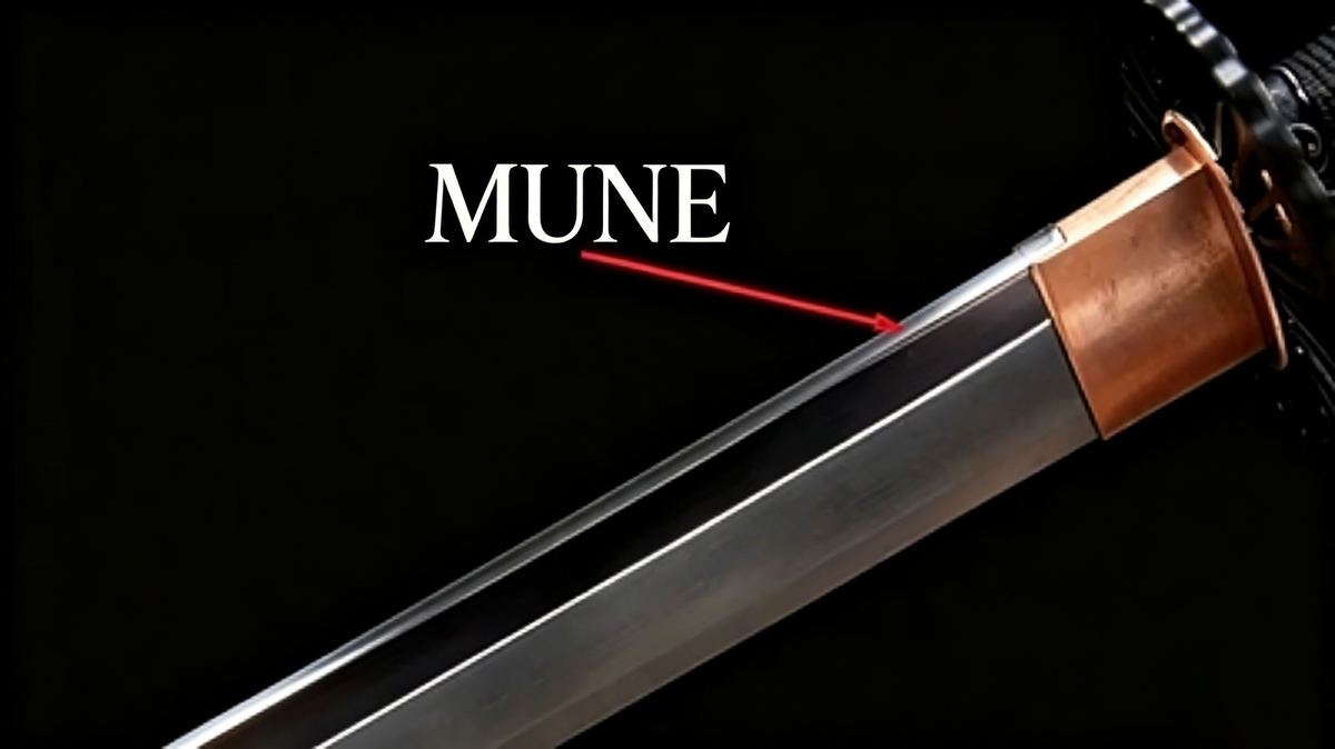 16:9 museum‑style annotated photograph, close‑up of katana blade with white label and white indicator arrow marking MUNE blade spine against solid dark background