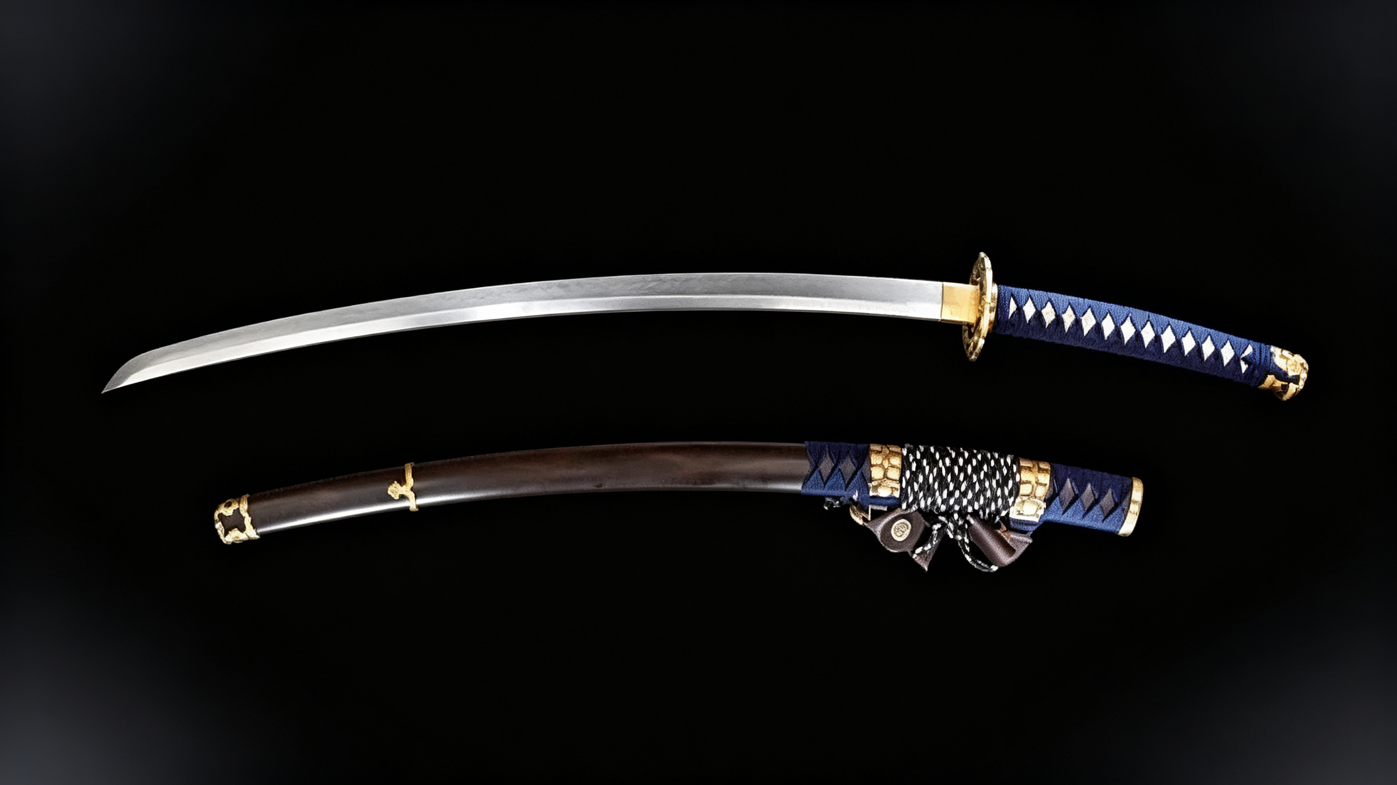 Full view photograph of traditional Japanese Tachi with complete decorative sword mounting (koshirae)